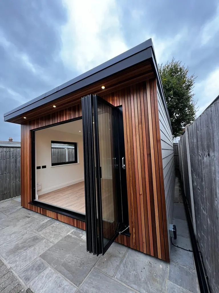 garden room bifold doors open