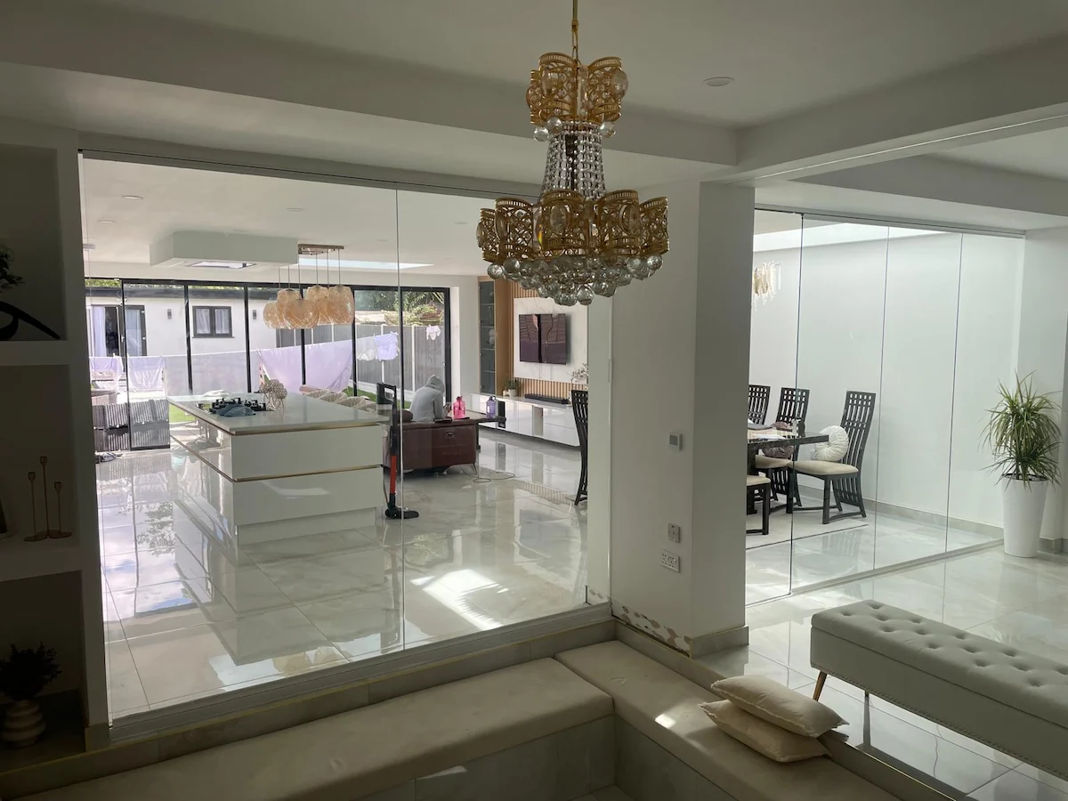 frameless internal glass partition doors in home